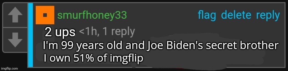 I'm 99 years old and Joe Biden's secret brother 2 ups I own 51% of imgflip | made w/ Imgflip meme maker