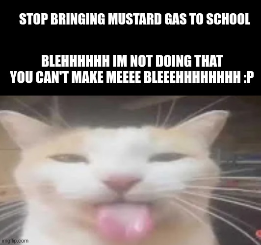 this cet lov mustar gas | STOP BRINGING MUSTARD GAS TO SCHOOL; BLEHHHHHH IM NOT DOING THAT YOU CAN'T MAKE MEEEE BLEEEHHHHHHHH :P | image tagged in cats,that's just silly cat,dark humor,quiet kid,mustard,gas | made w/ Imgflip meme maker