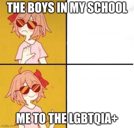 LGBTQ+ version of Drake meme | THE BOYS IN MY SCHOOL; ME TO THE LGBTQIA+ | image tagged in lgbtq version of drake meme | made w/ Imgflip meme maker