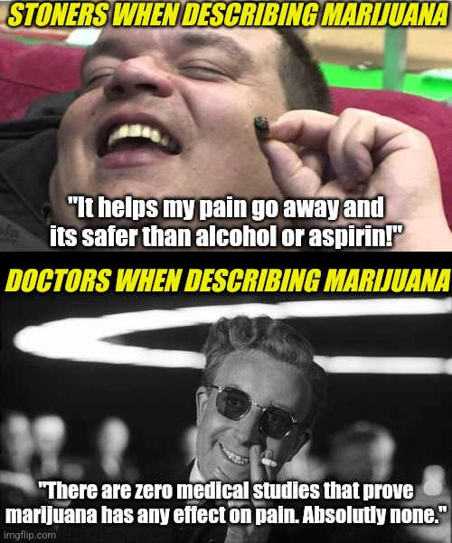 The great question.... when users of a product say it does something science cannot prove, who is right? | STONERS WHEN DESCRIBING MARIJUANA; "It helps my pain go away and its safer than alcohol or aspirin!"; DOCTORS WHEN DESCRIBING MARIJUANA; "There are zero medical studies that prove marijuana has any effect on pain. Absolutly none." | image tagged in laughing stoner,doctor strangelove says,weed,drugs,question,accurate | made w/ Imgflip meme maker