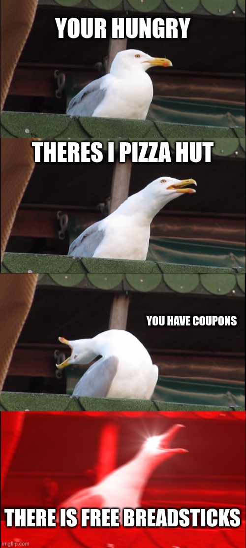 duck pizza hut | YOUR HUNGRY; THERES I PIZZA HUT; YOU HAVE COUPONS; THERE IS FREE BREADSTICKS | image tagged in memes,inhaling seagull | made w/ Imgflip meme maker