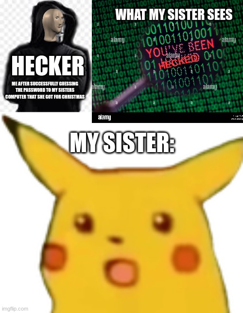 WHAT MY SISTER SEES; HECKED; HECKER; ME AFTER SUCCESSFULLY GUESSING THE PASSWORD TO MY SISTERS COMPUTER THAT SHE GOT FOR CHRISTMAS; MY SISTER: | image tagged in surprised pikachu,meme,meme man,hecker,tehc,computer | made w/ Imgflip meme maker