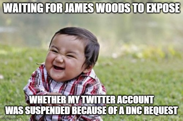 Evil Toddler Meme | WAITING FOR JAMES WOODS TO EXPOSE WHETHER MY TWITTER ACCOUNT WAS SUSPENDED BECAUSE OF A DNC REQUEST | image tagged in memes,evil toddler | made w/ Imgflip meme maker