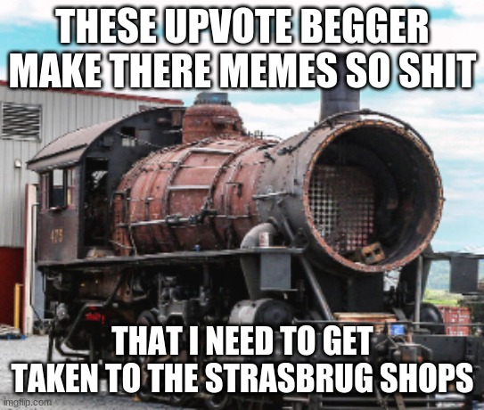 strasborg | THESE UPVOTE BEGGER MAKE THERE MEMES SO SHIT THAT I NEED TO GET TAKEN TO THE STRASBRUG SHOPS | image tagged in strasborg | made w/ Imgflip meme maker