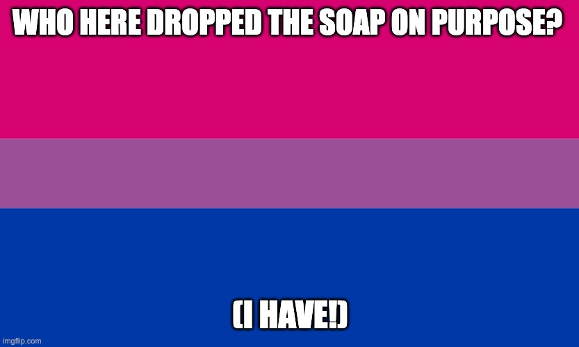 WHO HERE DROPPED THE SOAP ON purpose? (i have) | WHO HERE DROPPED THE SOAP ON PURPOSE? (I HAVE!) | image tagged in bi flag | made w/ Imgflip meme maker