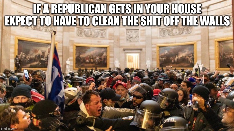 Check that Xmas list twice | IF A REPUBLICAN GETS IN YOUR HOUSE EXPECT TO HAVE TO CLEAN THE SHIT OFF THE WALLS | image tagged in capitol protestors | made w/ Imgflip meme maker