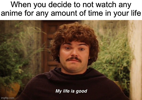 Nacho Libre My life is good | When you decide to not watch any anime for any amount of time in your life | image tagged in nacho libre my life is good | made w/ Imgflip meme maker