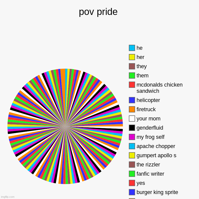 gay | pov pride |, burger king sprite, yes, fanfic writer, the rizzler, gumpert apollo s, apache chopper, my frog self, genderfluid, your mom, fir | image tagged in charts,pie charts | made w/ Imgflip chart maker