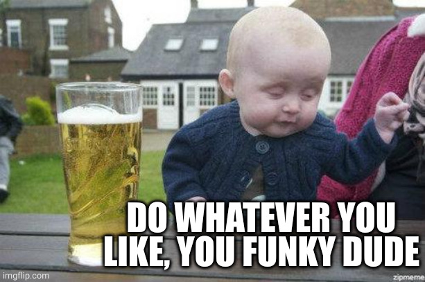 Drunk Baby | DO WHATEVER YOU LIKE, YOU FUNKY DUDE | image tagged in drunk baby | made w/ Imgflip meme maker