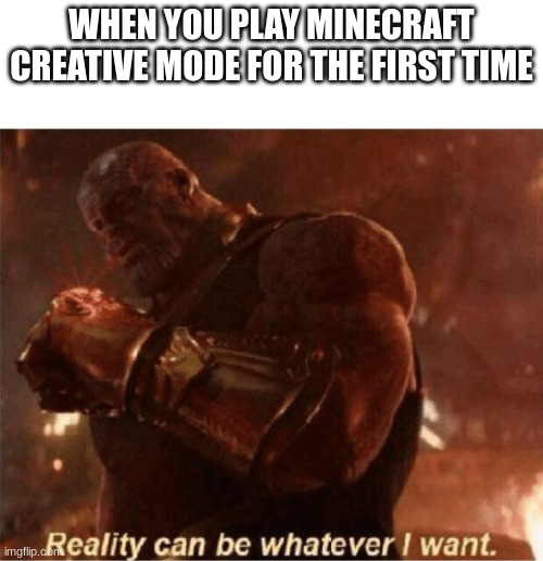 I know you felt this... | WHEN YOU PLAY MINECRAFT CREATIVE MODE FOR THE FIRST TIME | image tagged in reality can be whatever i want,funny,minecraft | made w/ Imgflip meme maker