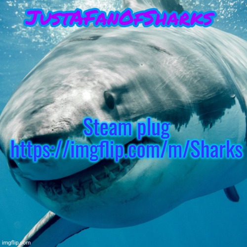 JustAFanOfSharks Announcement Template | Steam plug https://imgflip.com/m/Sharks | image tagged in justafanofsharks announcement template | made w/ Imgflip meme maker