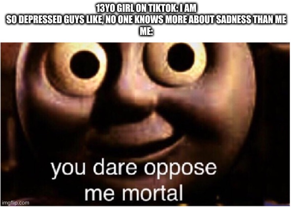 you dare oppose me mortal | 13YO GIRL ON TIKTOK: I AM SO DEPRESSED GUYS LIKE, NO ONE KNOWS MORE ABOUT SADNESS THAN ME
ME: | image tagged in you dare oppose me mortal | made w/ Imgflip meme maker