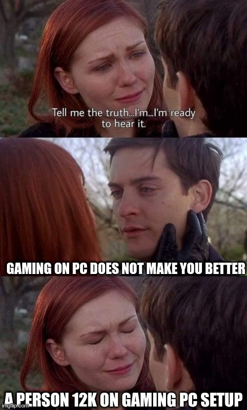 Tell me the truth, I'm ready to hear it | GAMING ON PC DOES NOT MAKE YOU BETTER; A PERSON 12K ON GAMING PC SETUP | image tagged in tell me the truth i'm ready to hear it | made w/ Imgflip meme maker