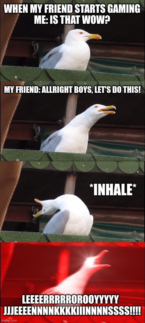 At least I have chicken (bring back the cringe) | WHEN MY FRIEND STARTS GAMING
ME: IS THAT WOW? MY FRIEND: ALLRIGHT BOYS, LET'S DO THIS! *INHALE*; LEEEERRRRROROOYYYYY   JJJEEEENNNNKKKKIIINNNNSSSS!!!! | image tagged in memes,inhaling seagull | made w/ Imgflip meme maker
