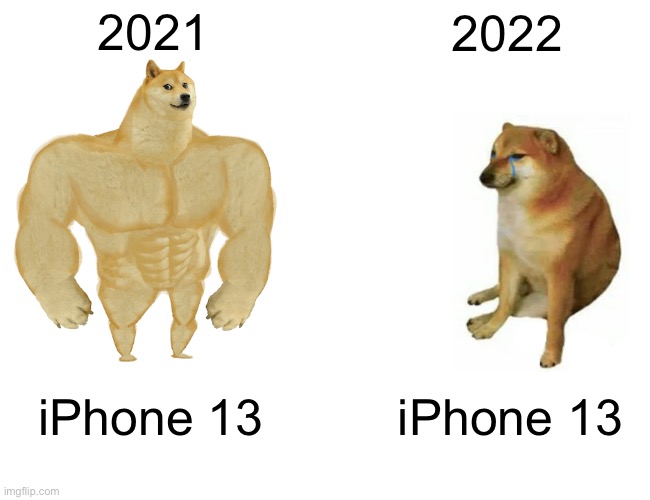 iPhone meme | 2021; 2022; iPhone 13; iPhone 13 | image tagged in memes,buff doge vs cheems | made w/ Imgflip meme maker