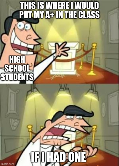 Am I right? | THIS IS WHERE I WOULD PUT MY A+ IN THE CLASS; HIGH SCHOOL STUDENTS; IF I HAD ONE | image tagged in memes,this is where i'd put my trophy if i had one,school,funny | made w/ Imgflip meme maker