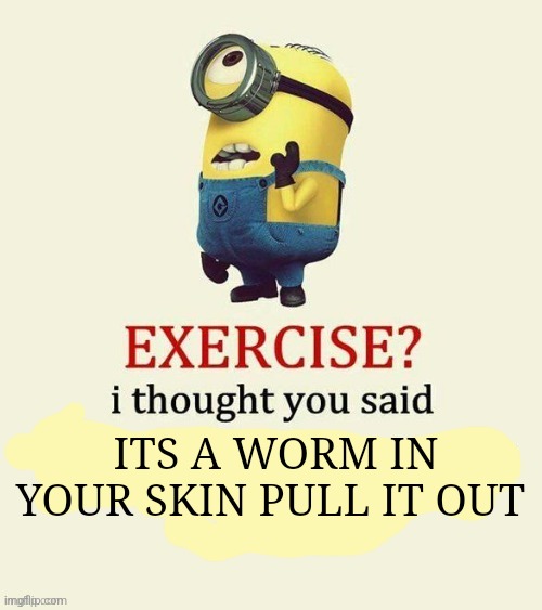 exercise i thought you said | ITS A WORM IN YOUR SKIN PULL IT OUT | image tagged in exercise i thought you said | made w/ Imgflip meme maker