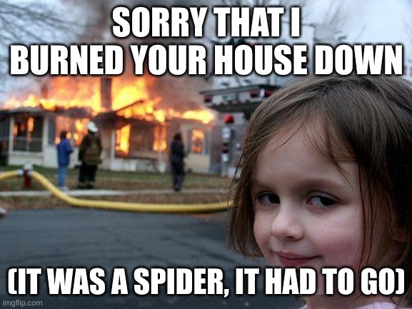 Disaster Girl | SORRY THAT I BURNED YOUR HOUSE DOWN; (IT WAS A SPIDER, IT HAD TO GO) | image tagged in memes,disaster girl | made w/ Imgflip meme maker