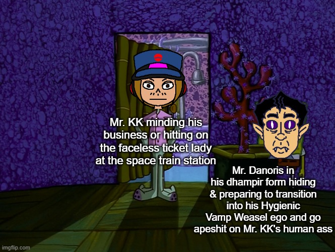 Mr. KK vs Mr. Danoris in a Nutshell 2: Electric Boogaloo | Mr. KK minding his business or hitting on the faceless ticket lady at the space train station; Mr. Danoris in his dhampir form hiding & preparing to transition into his Hygienic Vamp Weasel ego and go apeshit on Mr. KK's human ass | image tagged in spongebob hiding,ocs,pop'n music | made w/ Imgflip meme maker