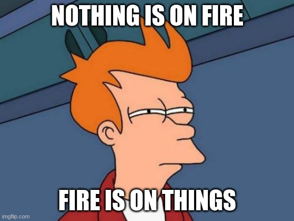 Facts | NOTHING IS ON FIRE; FIRE IS ON THINGS | image tagged in memes,futurama fry | made w/ Imgflip meme maker