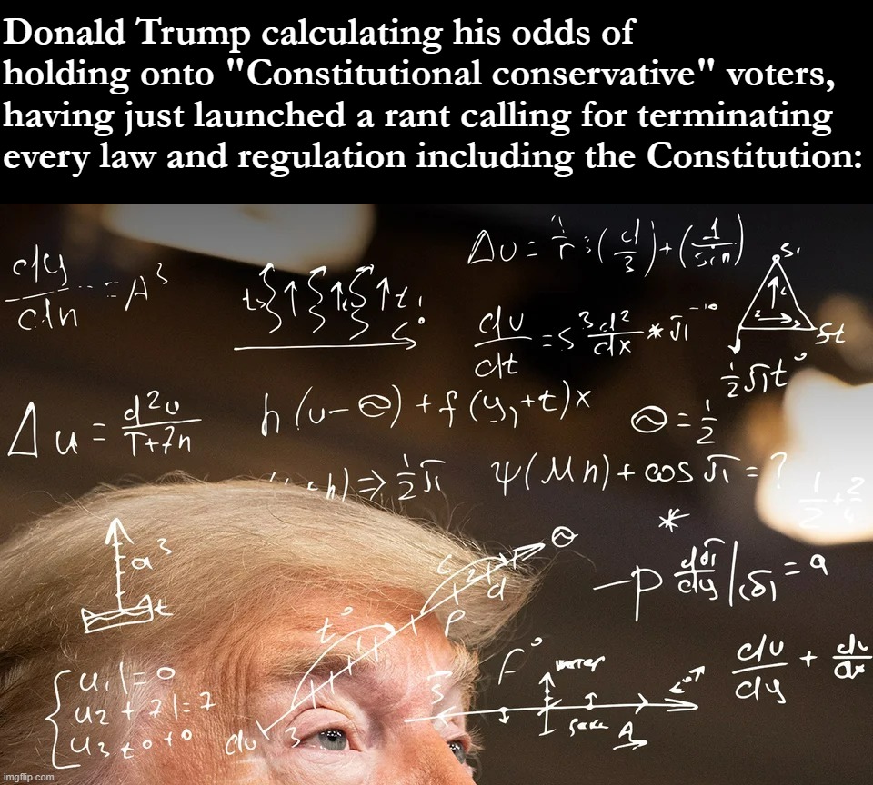 Yeah this is big brain time | Donald Trump calculating his odds of holding onto "Constitutional conservative" voters, having just launched a rant calling for terminating every law and regulation including the Constitution: | image tagged in donald trump calculating,trump is an asshole,trump is a moron,donald trump is an idiot,constitution,the constitution | made w/ Imgflip meme maker
