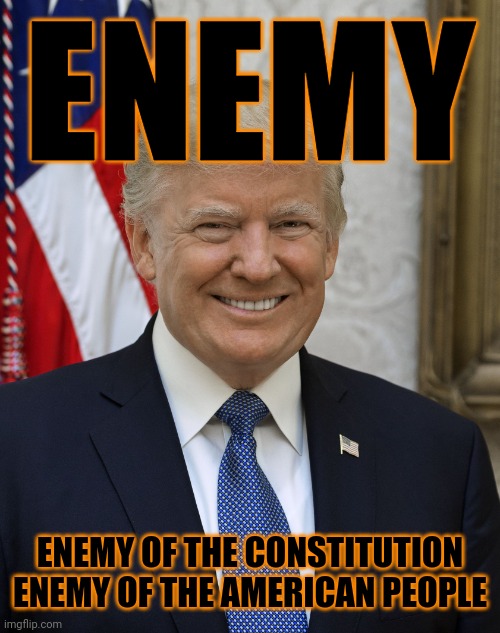 Detrumpification now! | ENEMY; ENEMY OF THE CONSTITUTION
ENEMY OF THE AMERICAN PEOPLE | image tagged in smug trump,evil toddler,hypocritical republicans,lying fascists | made w/ Imgflip meme maker