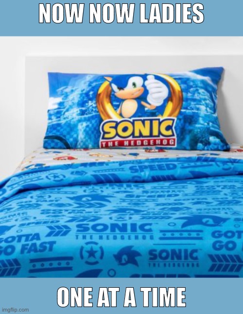 Bed sheets | NOW NOW LADIES; ONE AT A TIME | image tagged in sonic the hedgehog | made w/ Imgflip meme maker