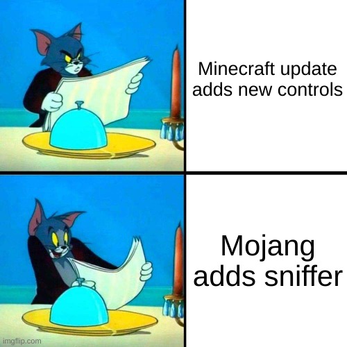 Drake Tom Cat | Minecraft update adds new controls; Mojang adds sniffer | image tagged in drake tom cat | made w/ Imgflip meme maker