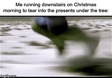 Every year lol | Me running downstairs on Christmas morning to tear into the presents under the tree: | image tagged in gifs,memes,funny,true story,christmas,relatable memes | made w/ Imgflip video-to-gif maker
