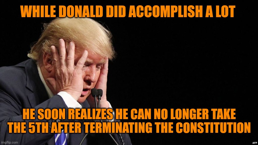 5d chess | WHILE DONALD DID ACCOMPLISH A LOT; HE SOON REALIZES HE CAN NO LONGER TAKE THE 5TH AFTER TERMINATING THE CONSTITUTION | image tagged in trump sad | made w/ Imgflip meme maker