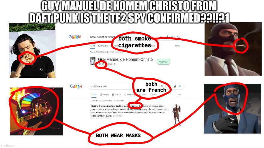 also they both have children. | GUY MANUEL DE HOMEM CHRISTO FROM DAFT PUNK IS THE TF2 SPY CONFIRMED??!!?1; both smoke cigarettes; both are french; BOTH WEAR MASKS | made w/ Imgflip meme maker