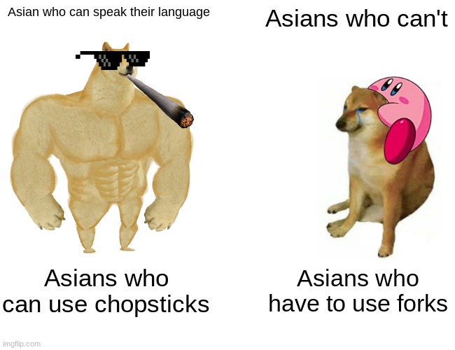 Buff Doge vs. Cheems | Asian who can speak their language; Asians who can't; Asians who can use chopsticks; Asians who have to use forks | image tagged in memes,buff doge vs cheems | made w/ Imgflip meme maker
