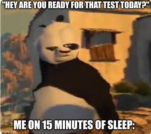 HeCk YeAh! |  "HEY ARE YOU READY FOR THAT TEST TODAY?"; ME ON 15 MINUTES OF SLEEP: | image tagged in kung fu panda | made w/ Imgflip meme maker