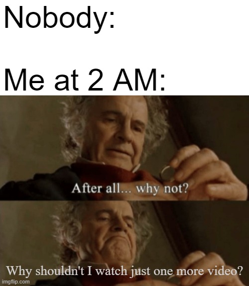 After all.. why not? |  Nobody:
 
Me at 2 AM:; Why shouldn't I watch just one more video? | image tagged in after all why not | made w/ Imgflip meme maker