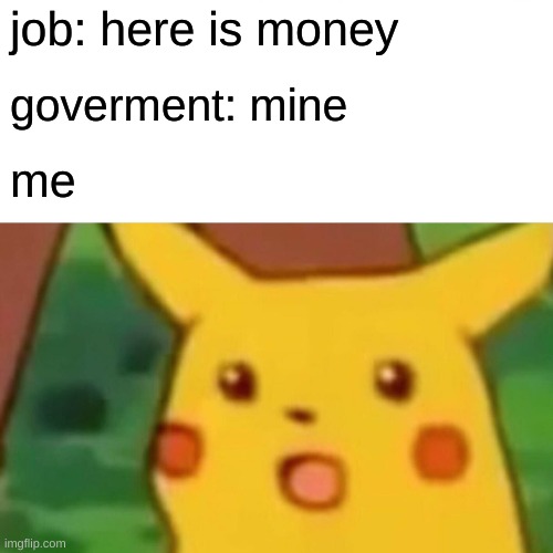 Surprised Pikachu | job: here is money; goverment: mine; me | image tagged in memes,surprised pikachu | made w/ Imgflip meme maker