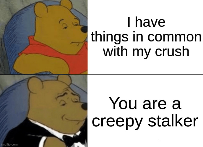 creepy stalker | I have things in common with my crush; You are a creepy stalker | image tagged in memes,tuxedo winnie the pooh | made w/ Imgflip meme maker