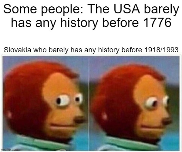 Slovakia's Historical Future | Some people: The USA barely has any history before 1776; Slovakia who barely has any history before 1918/1993 | image tagged in memes,monkey puppet | made w/ Imgflip meme maker