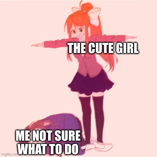 The cute girl | THE CUTE GIRL; ME NOT SURE WHAT TO DO | image tagged in monika t-posing on sans | made w/ Imgflip meme maker