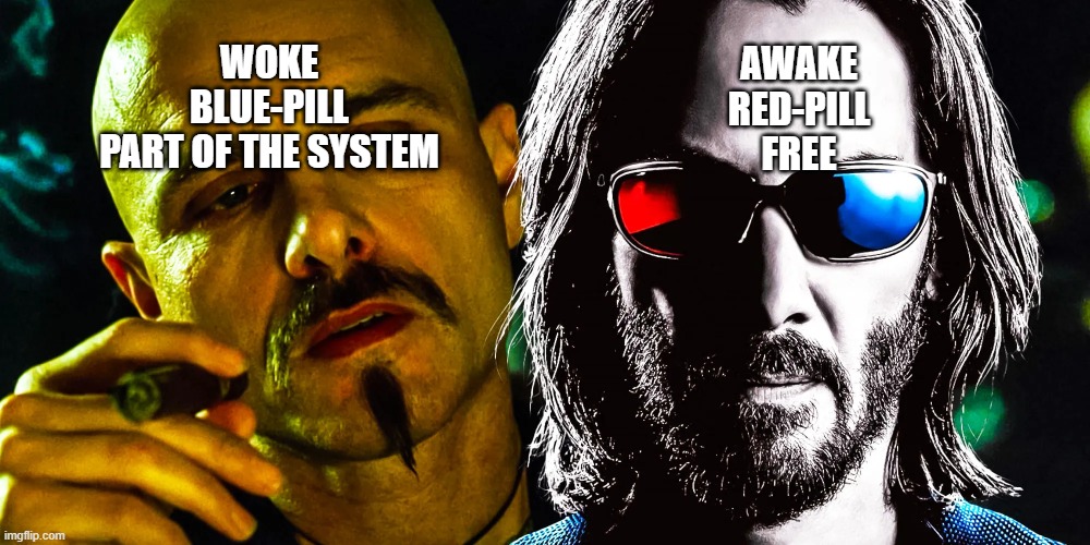 WOKE
BLUE-PILL
PART OF THE SYSTEM; AWAKE
RED-PILL
FREE | made w/ Imgflip meme maker