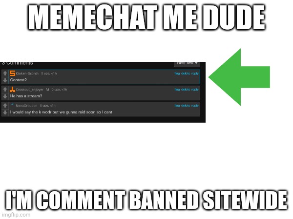 MEMECHAT ME DUDE; I'M COMMENT BANNED SITEWIDE | made w/ Imgflip meme maker