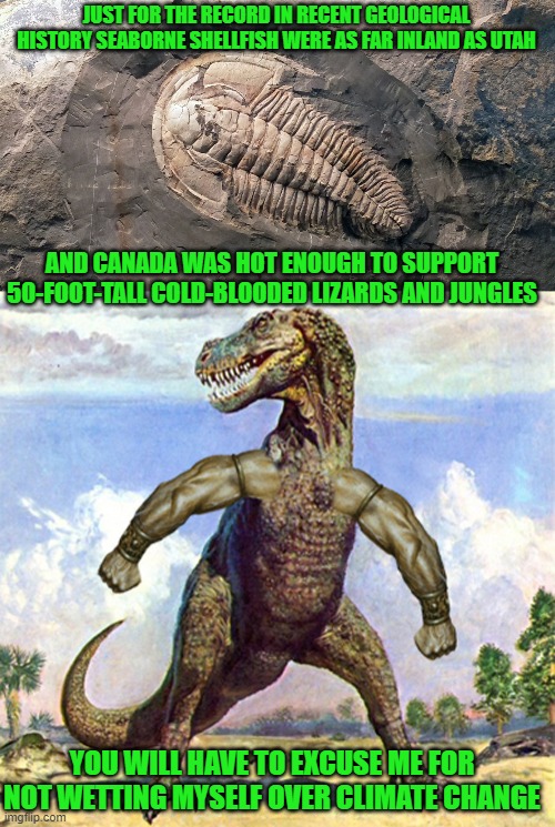 Sorry folks | JUST FOR THE RECORD IN RECENT GEOLOGICAL HISTORY SEABORNE SHELLFISH WERE AS FAR INLAND AS UTAH; AND CANADA WAS HOT ENOUGH TO SUPPORT 50-FOOT-TALL COLD-BLOODED LIZARDS AND JUNGLES; YOU WILL HAVE TO EXCUSE ME FOR NOT WETTING MYSELF OVER CLIMATE CHANGE | image tagged in global warming | made w/ Imgflip meme maker