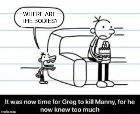 Manny knew too much | WHERE ARE THE BODIES? | image tagged in manny knew too much | made w/ Imgflip meme maker
