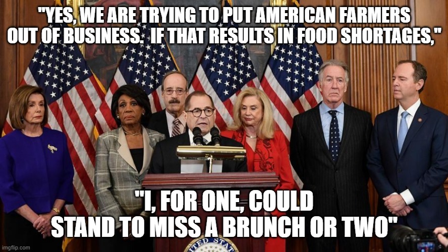 House Democrats | "YES, WE ARE TRYING TO PUT AMERICAN FARMERS OUT OF BUSINESS.  IF THAT RESULTS IN FOOD SHORTAGES,"; "I, FOR ONE, COULD STAND TO MISS A BRUNCH OR TWO" | image tagged in house democrats | made w/ Imgflip meme maker