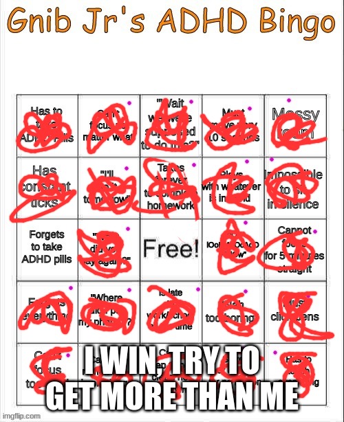 I win. | I WIN, TRY TO GET MORE THAN ME | image tagged in winning,adhd bingo,adhd | made w/ Imgflip meme maker