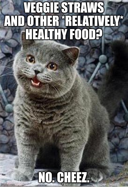 VEGGIE STRAWS AND OTHER *RELATIVELY* HEALTHY FOOD? NO. CHEEZ. | image tagged in i can has cheezburger cat | made w/ Imgflip meme maker