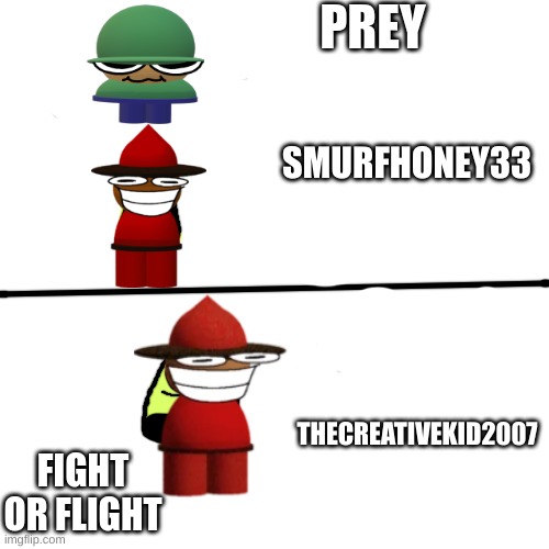 basically expunged vs smurfhoney and then creative kid because they are possibly friends | SMURFHONEY33; THECREATIVEKID2007 | image tagged in prey and fight or flight ultra mix icons | made w/ Imgflip meme maker