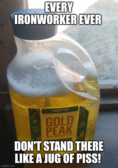 I was also abused in the building trades | EVERY IRONWORKER EVER; DON'T STAND THERE LIKE A JUG OF PISS! | image tagged in jug of piss,construction worker,emotional damage | made w/ Imgflip meme maker