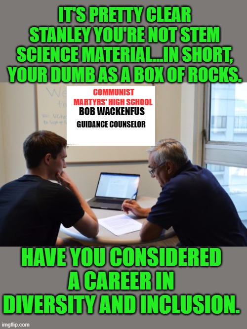 Yep | IT'S PRETTY CLEAR STANLEY YOU'RE NOT STEM SCIENCE MATERIAL...IN SHORT, YOUR DUMB AS A BOX OF ROCKS. COMMUNIST MARTYRS' HIGH SCHOOL; BOB WACKENFUS; GUIDANCE COUNSELOR; HAVE YOU CONSIDERED A CAREER IN DIVERSITY AND INCLUSION. | made w/ Imgflip meme maker