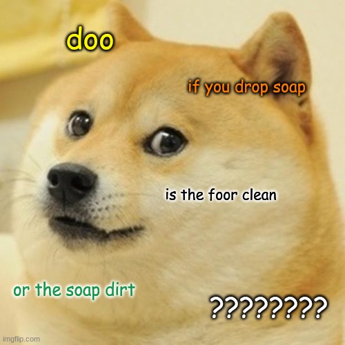 what?????????????????????????????????????????????????????? | doo; if you drop soap; is the foor clean; or the soap dirt; ???????? | image tagged in memes,doge | made w/ Imgflip meme maker