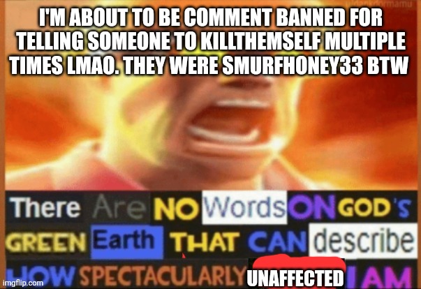 I'M ABOUT TO BE COMMENT BANNED FOR TELLING SOMEONE TO KILLTHEMSELF MULTIPLE TIMES LMAO. THEY WERE SMURFHONEY33 BTW; UNAFFECTED | made w/ Imgflip meme maker